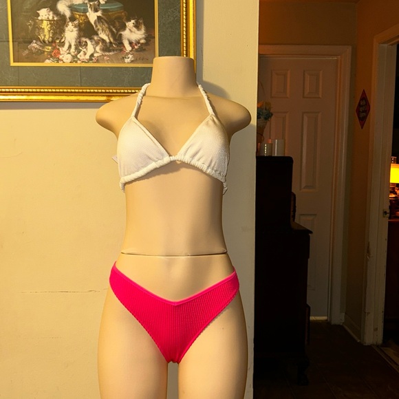 Aerie White Pink Swimsuit bikini & Top, Choose set size S - Picture 1 of 13
